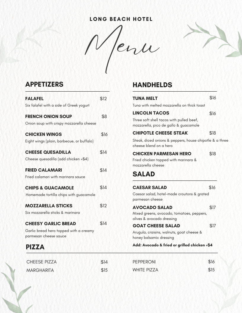 LBH Bar and Grill menu board