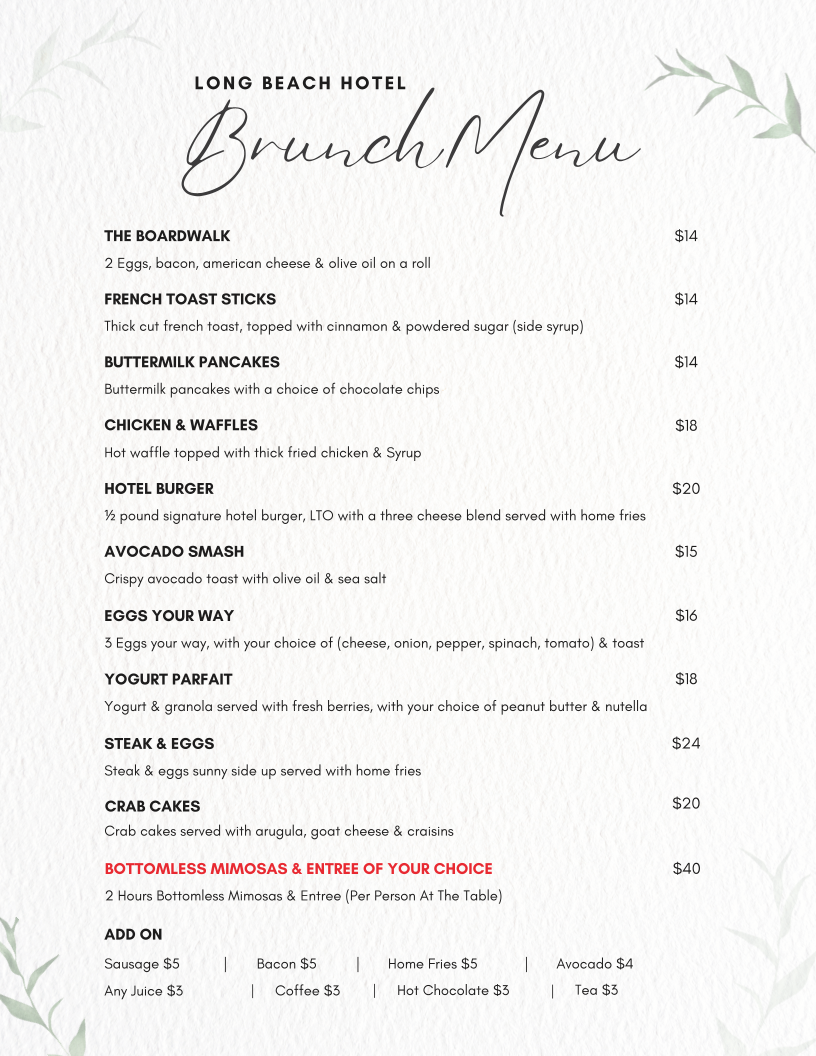 LBH Bar and Grill menu board