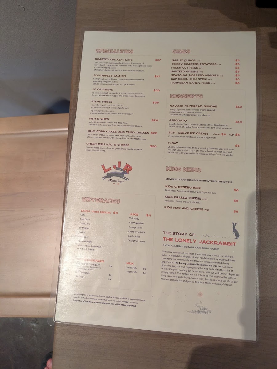 Lonely JackRabbit Restaurant menu board