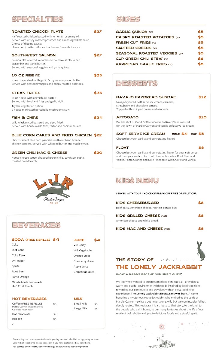 Lonely JackRabbit Restaurant menu board