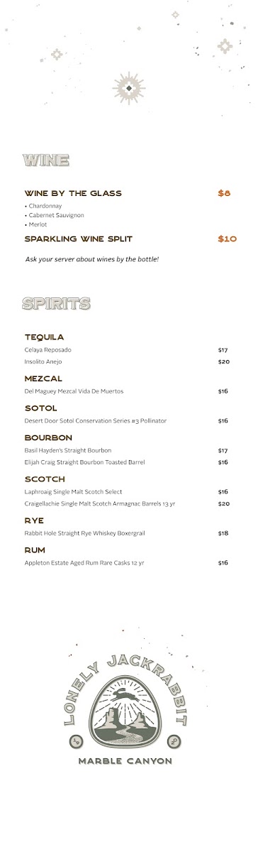 Lonely JackRabbit Restaurant menu board
