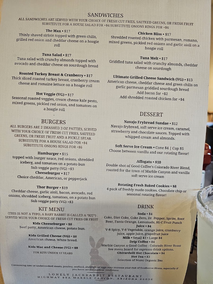 Lonely JackRabbit Restaurant menu board