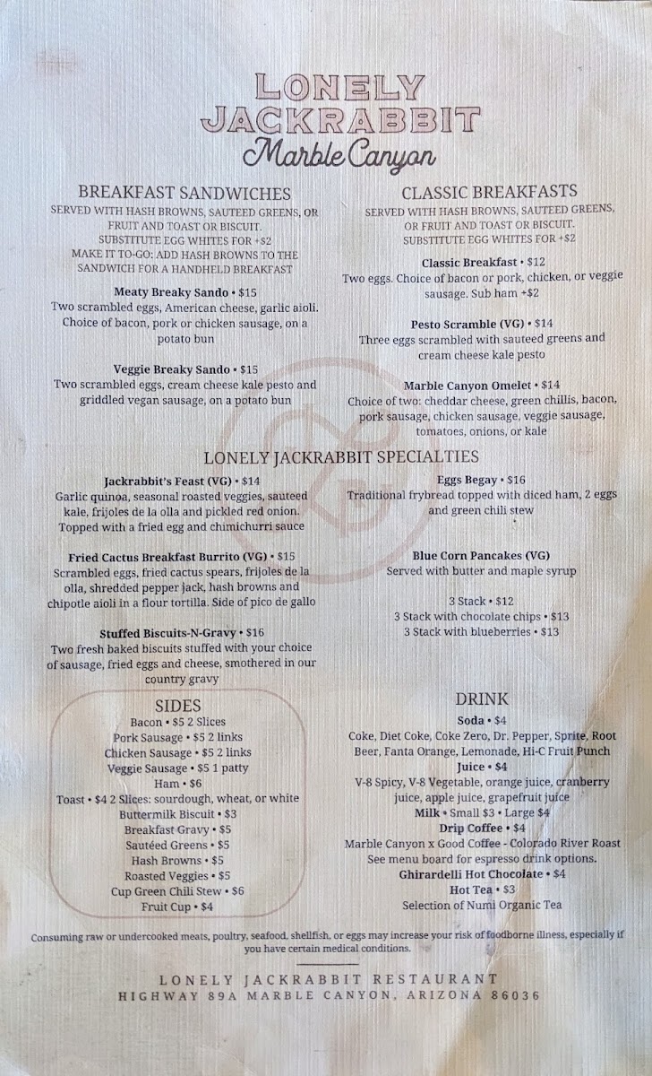 Lonely JackRabbit Restaurant menu board