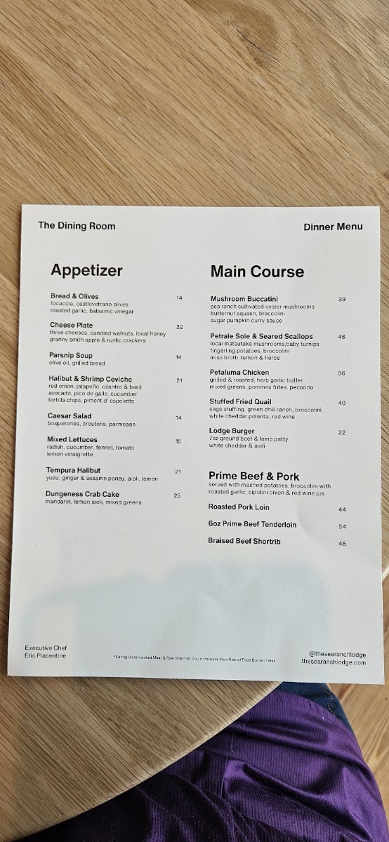 The Sea Ranch Lodge: Dining Room menu board