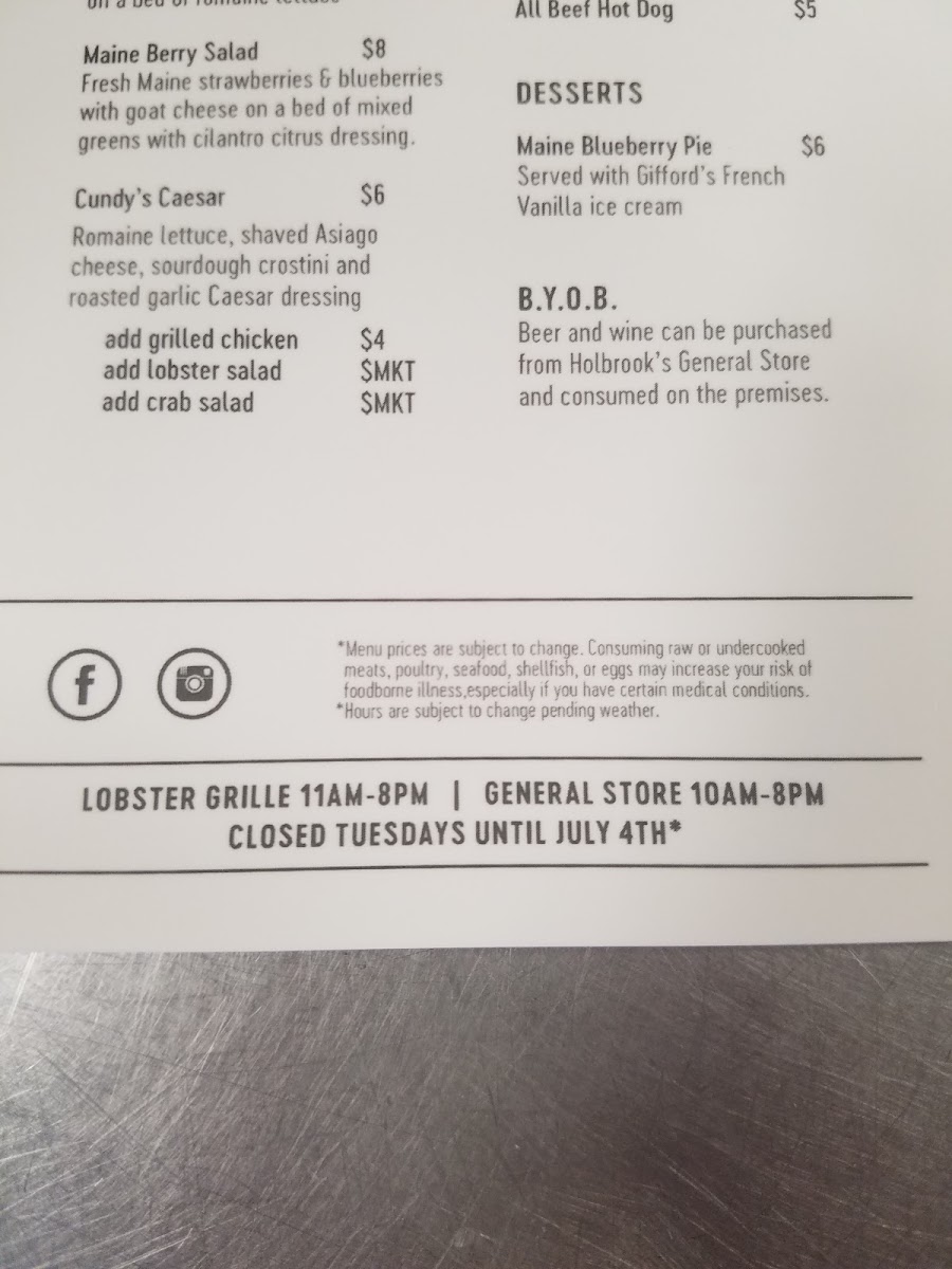 Holbrook's Wharf menu board