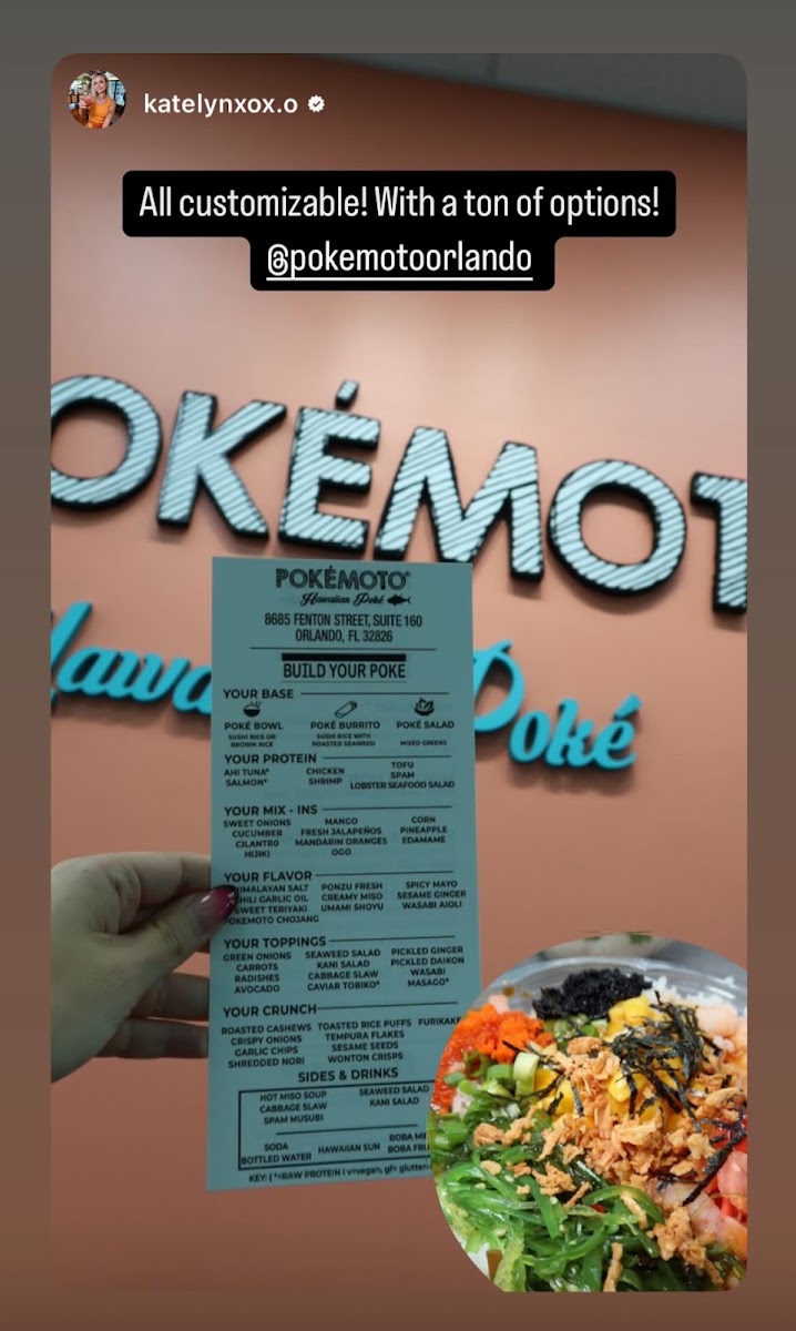 Pokémoto Orlando (DR PHILLIPS) menu board