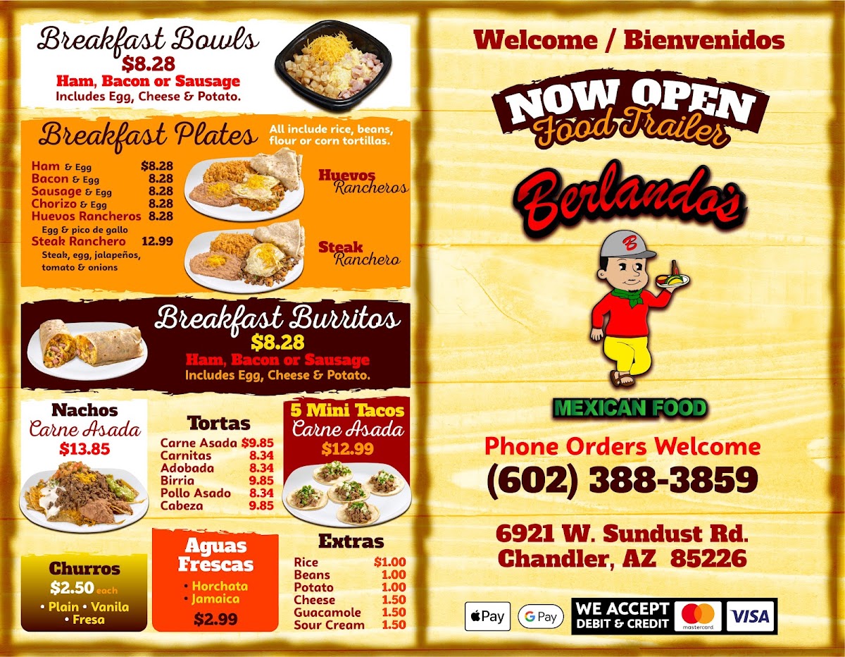 Berlando's Mexican Food menu board