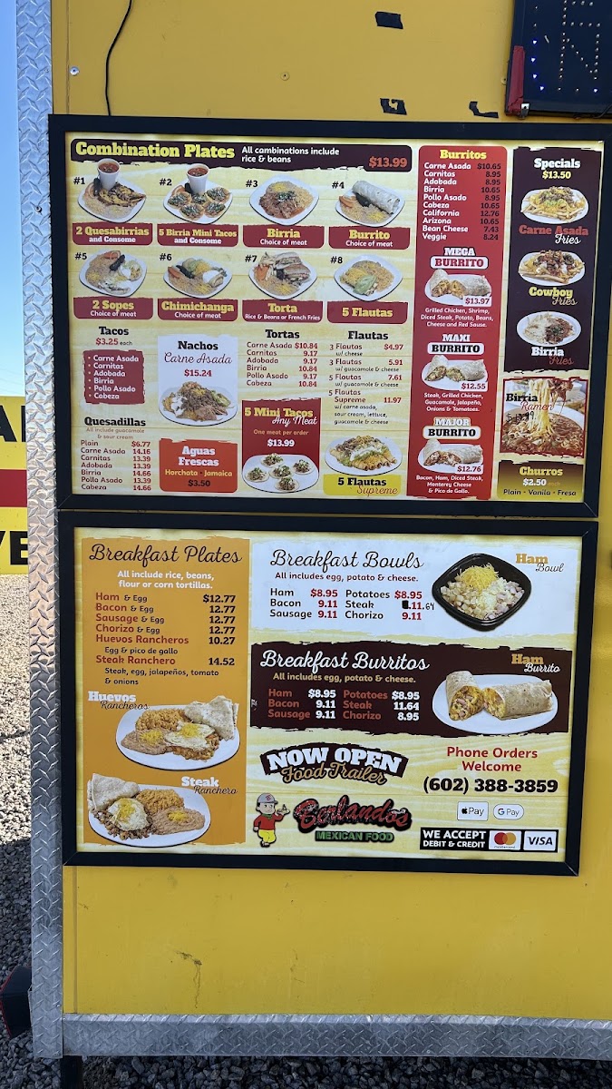 Berlando's Mexican Food menu board
