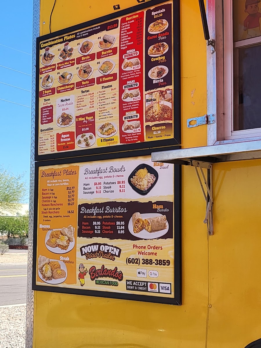 Berlando's Mexican Food menu board
