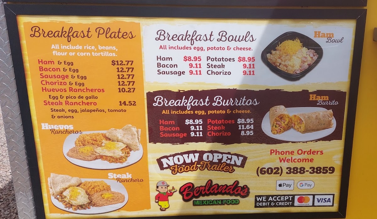 Berlando's Mexican Food menu board