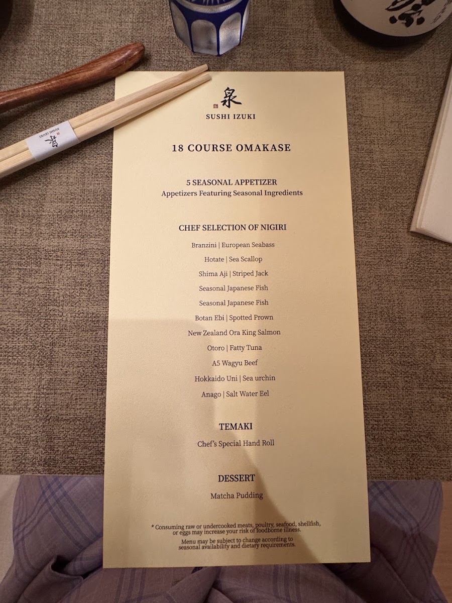 Sushi Izuki menu board