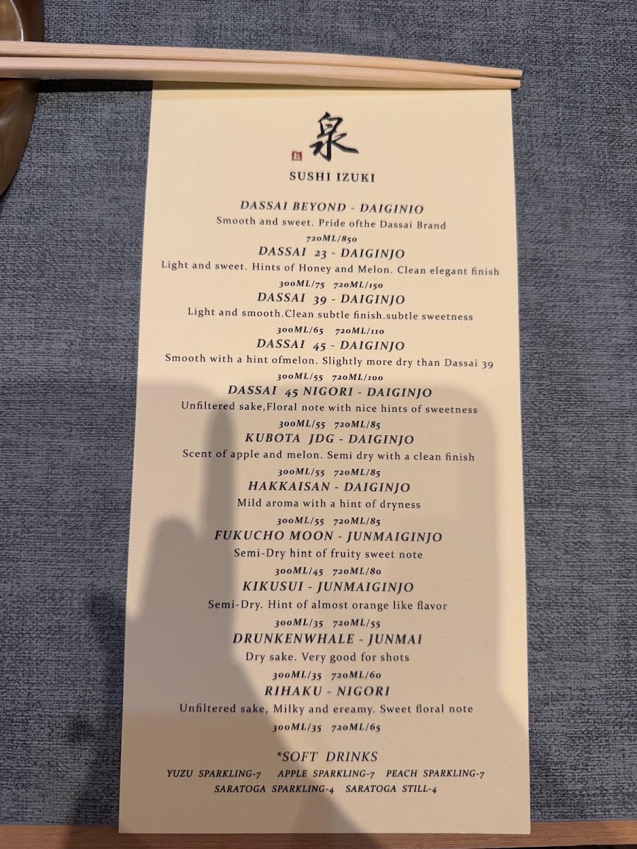 Sushi Izuki menu board