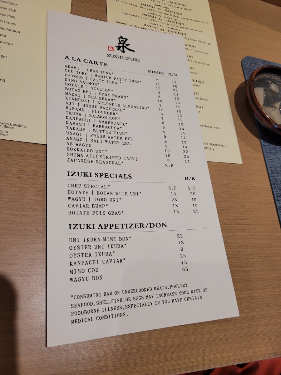 Sushi Izuki menu board