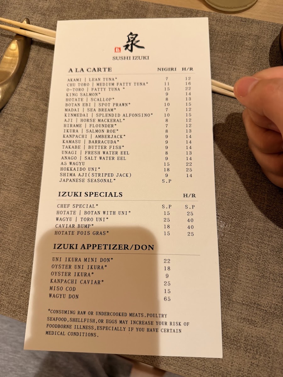 Sushi Izuki menu board