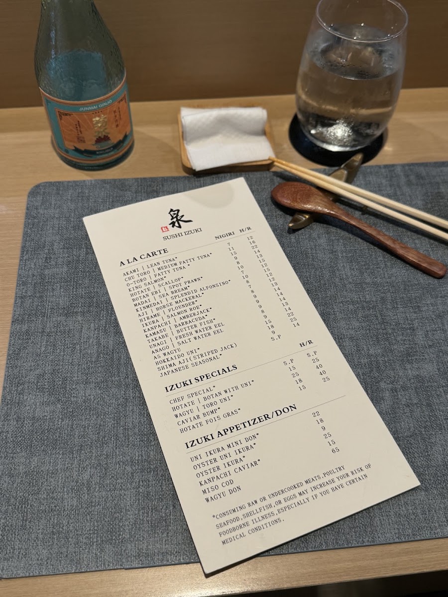 Sushi Izuki menu board
