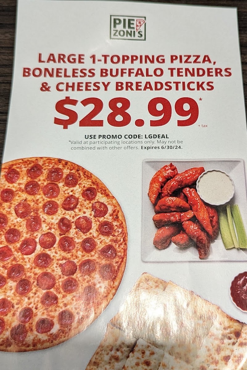 PieZoni's Pizza menu board