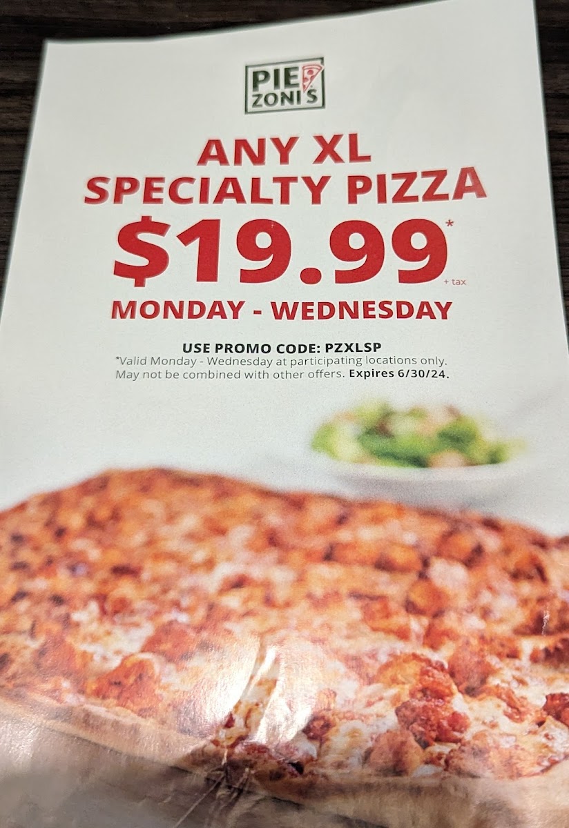 PieZoni's Pizza menu board