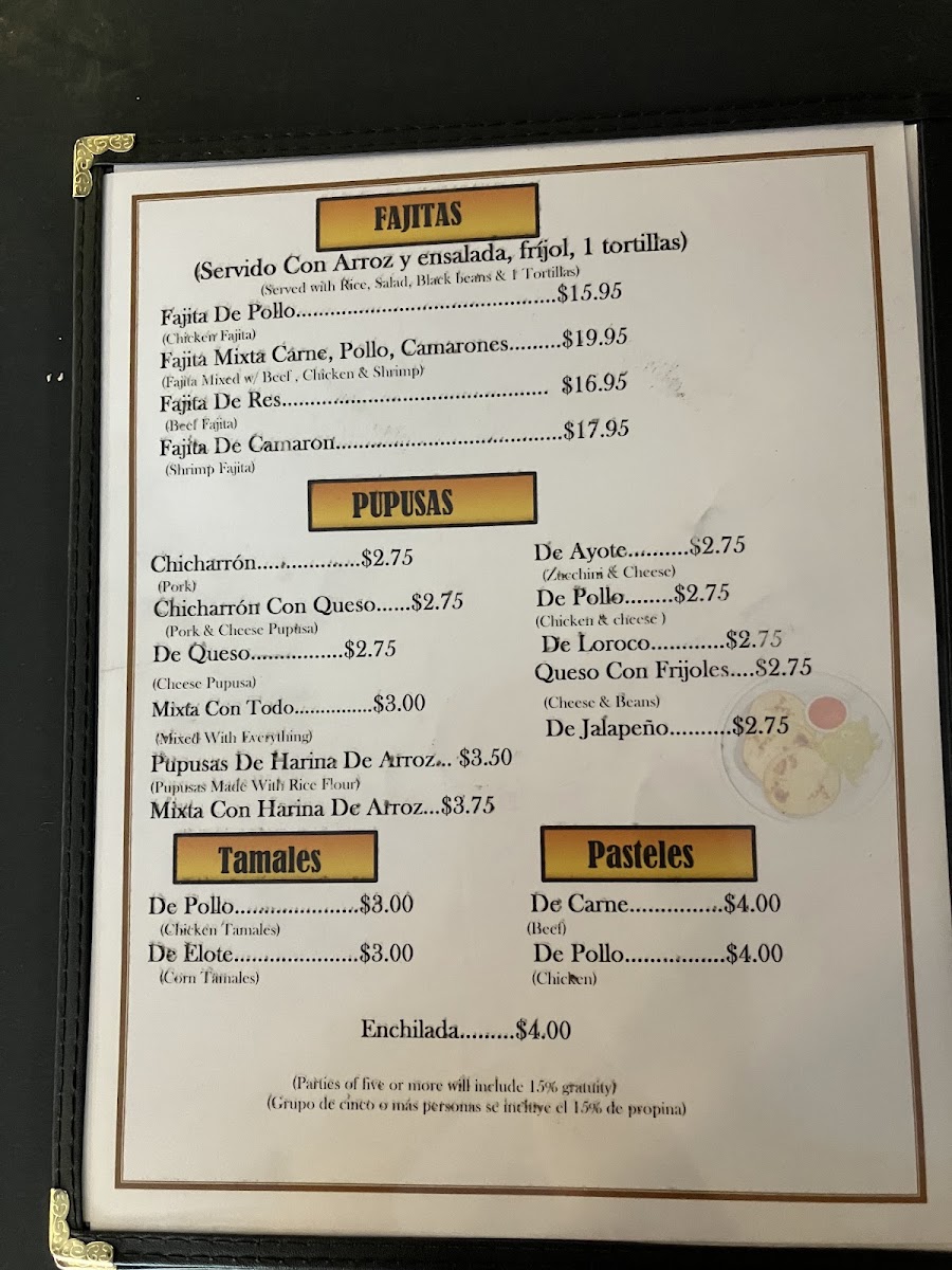 Irene's Pupusas Restaurante menu board