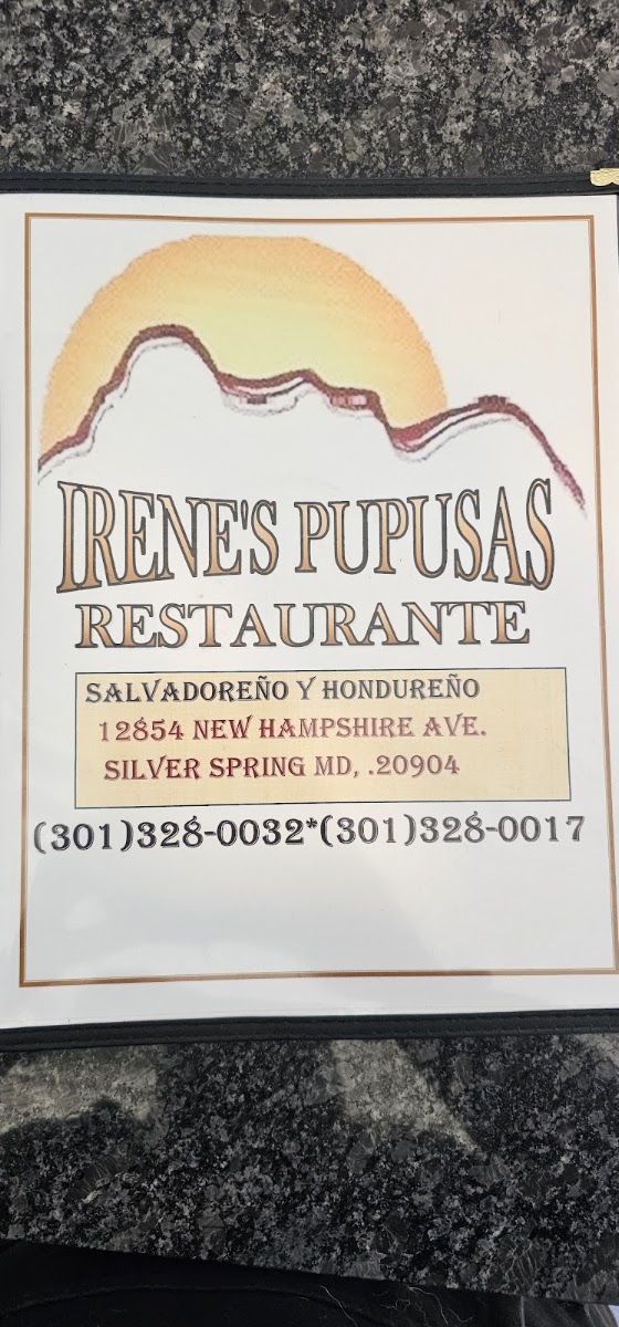 Irene's Pupusas Restaurante menu board