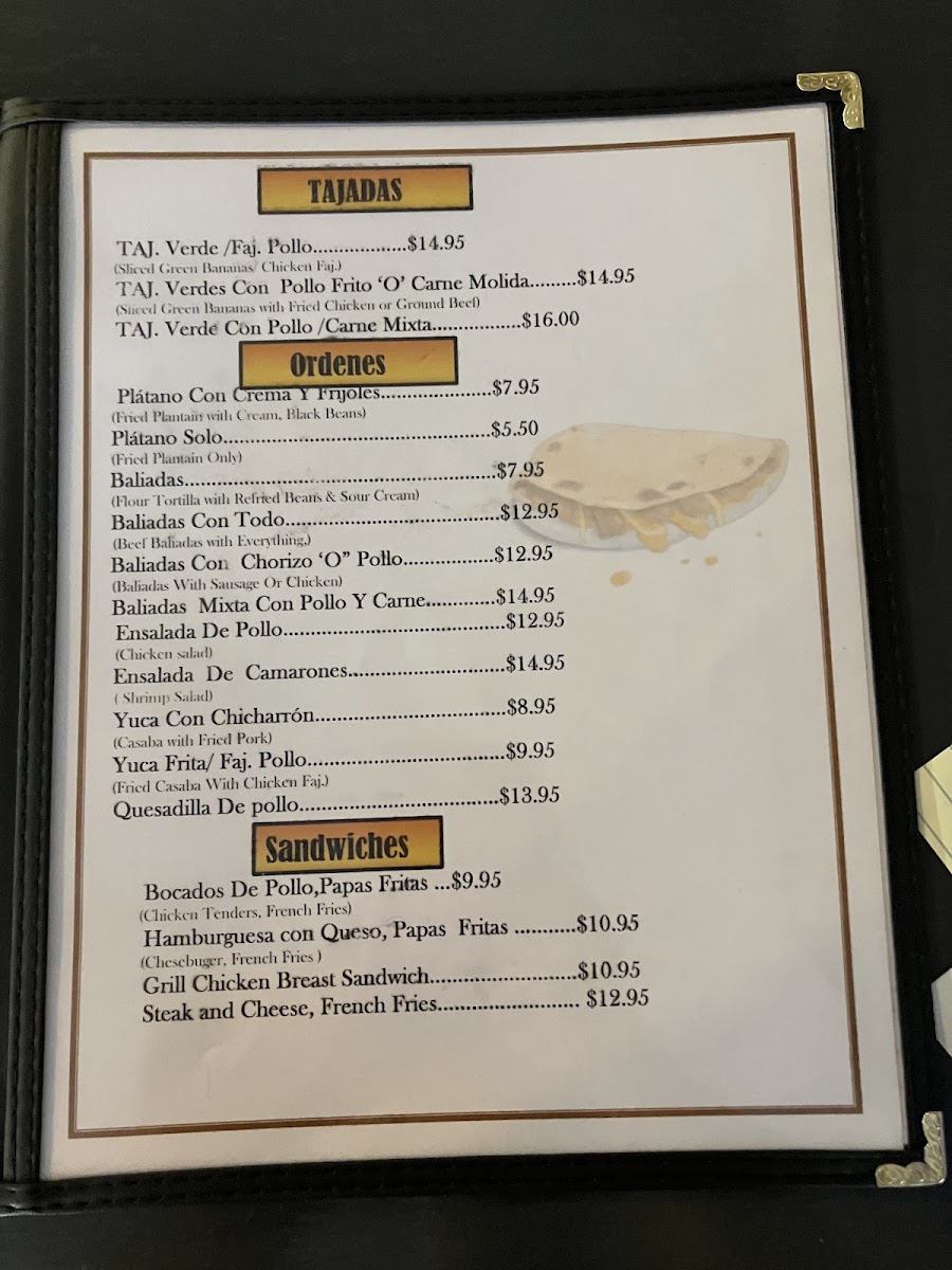 Irene's Pupusas Restaurante menu board