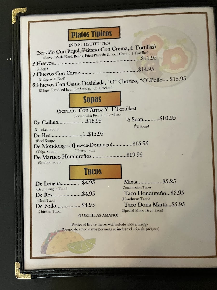 Irene's Pupusas Restaurante menu board