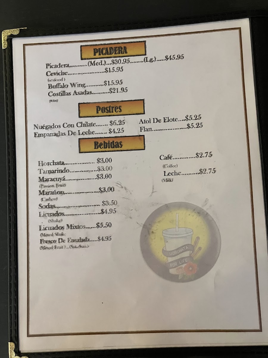 Irene's Pupusas Restaurante menu board