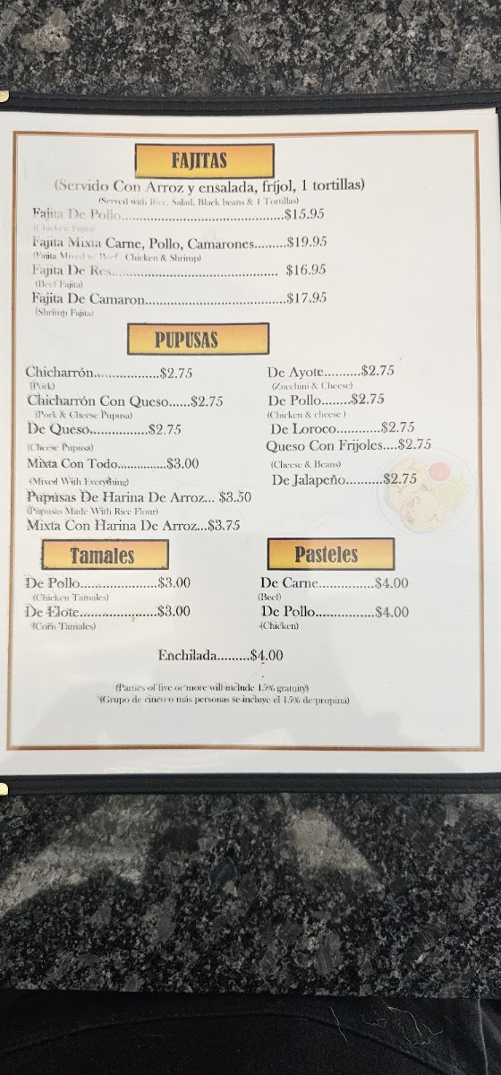 Irene's Pupusas Restaurante menu board