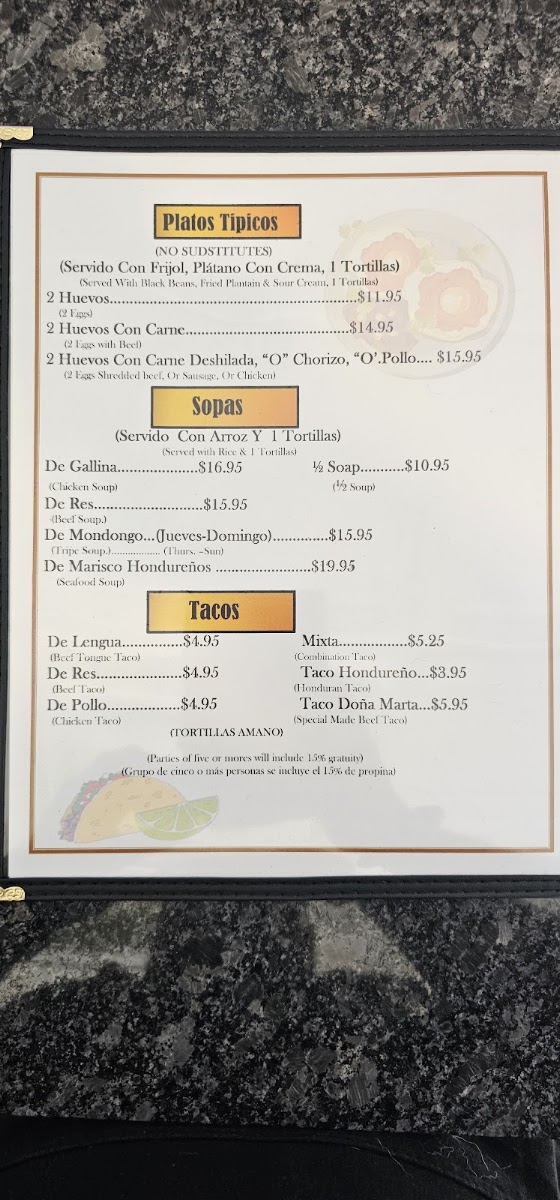 Irene's Pupusas Restaurante menu board