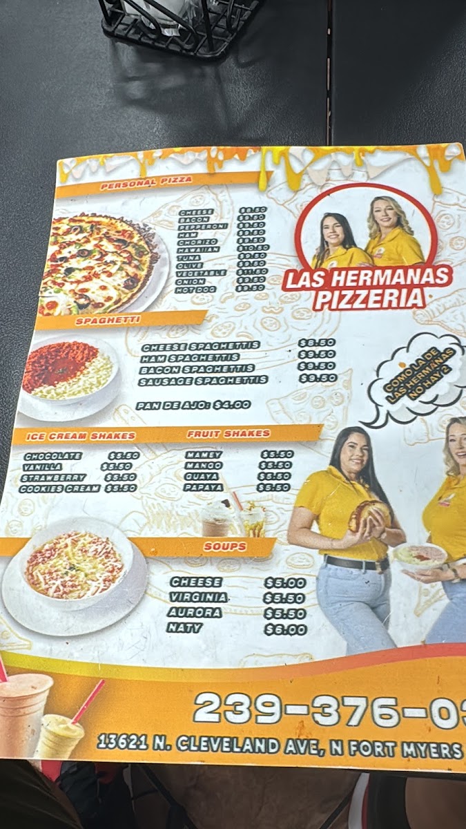 Las Hermanas Pizzeria menu board