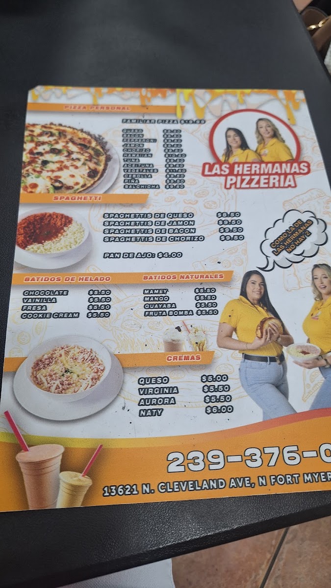 Las Hermanas Pizzeria menu board