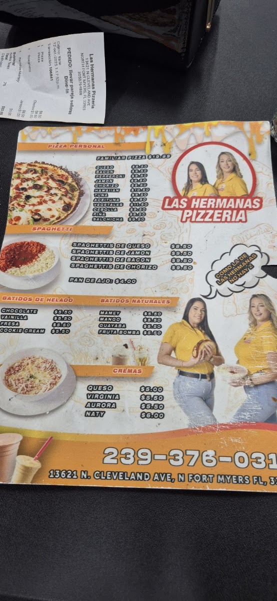 Las Hermanas Pizzeria menu board