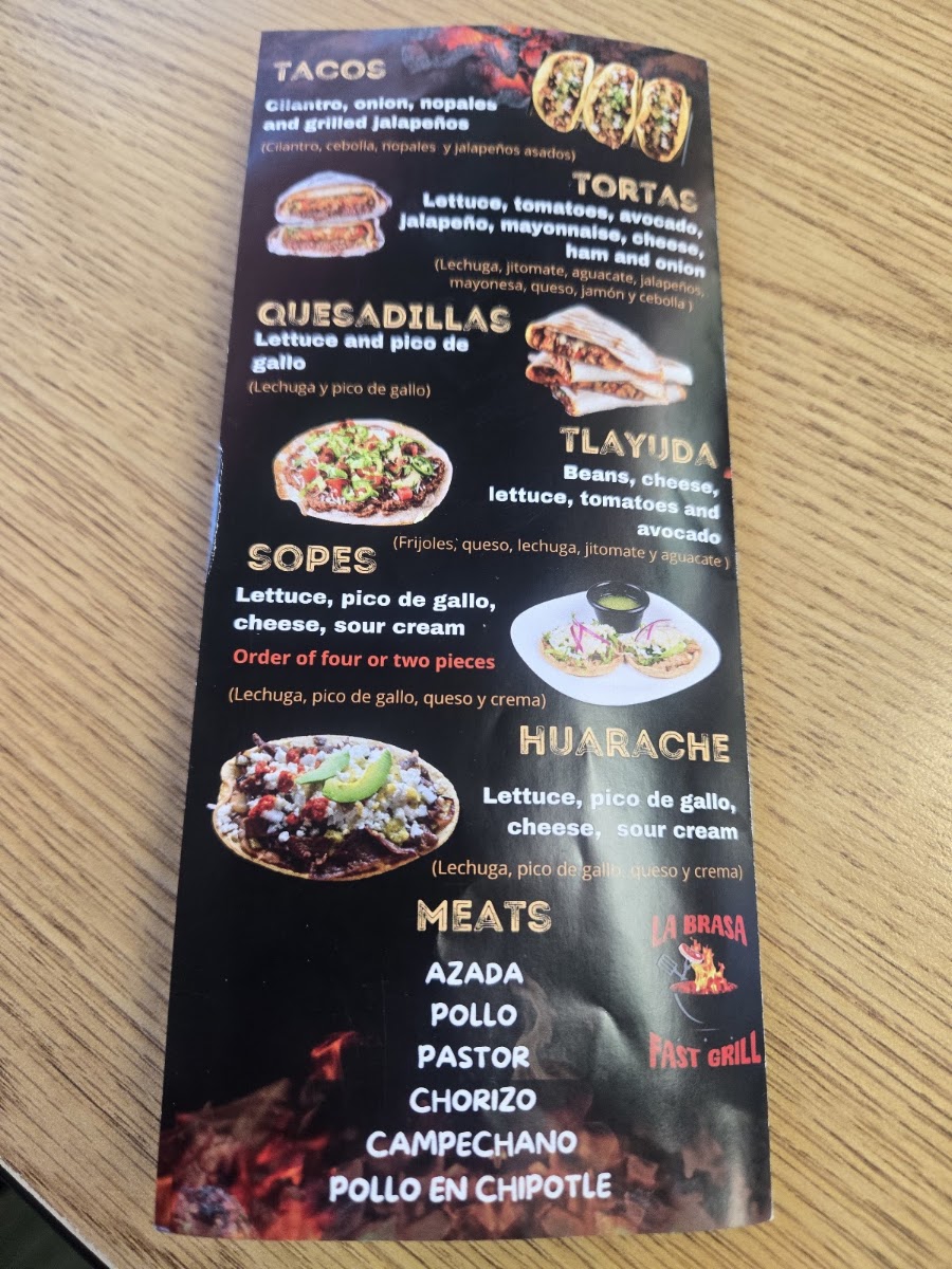 La Brasa Mexican Grill menu board