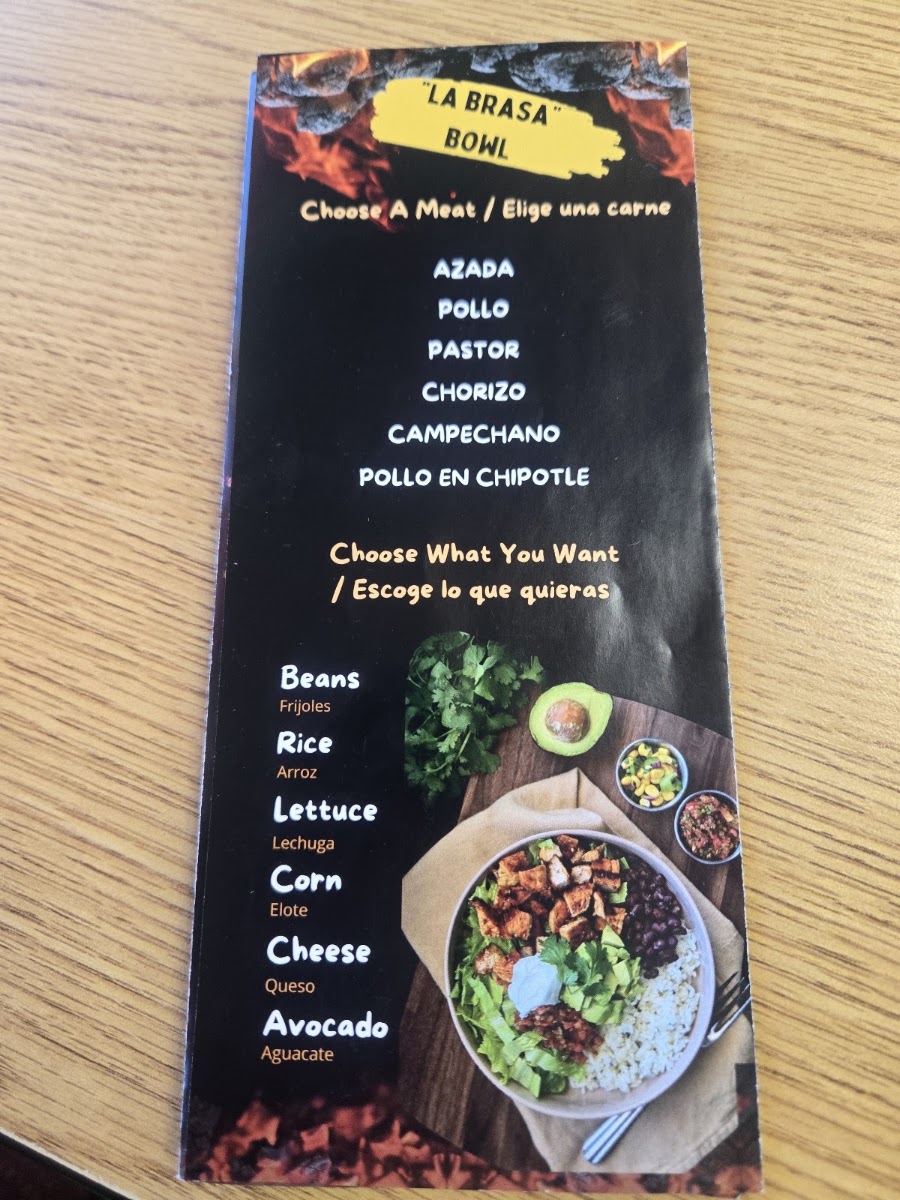 La Brasa Mexican Grill menu board