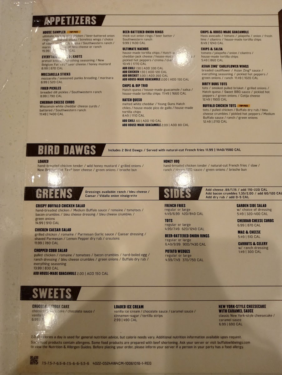 Buffalo Wild Wings menu board