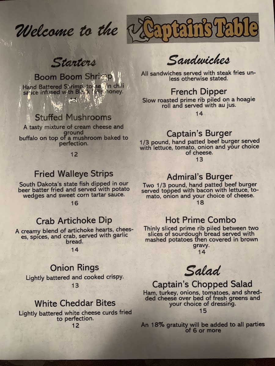 Captain's Table menu board