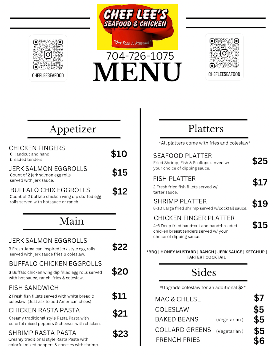 Chef Lee's Seafood and Chicken menu board