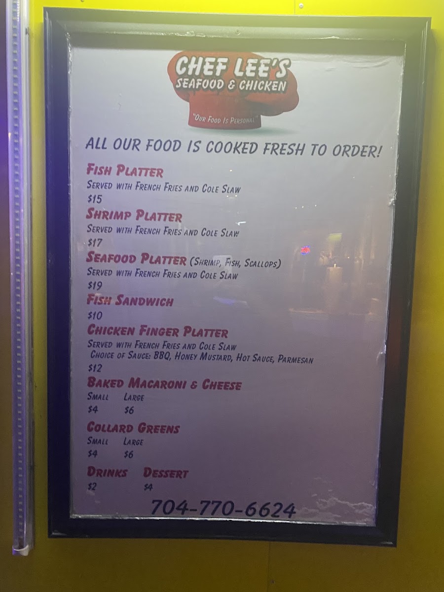 Chef Lee's Seafood and Chicken menu board