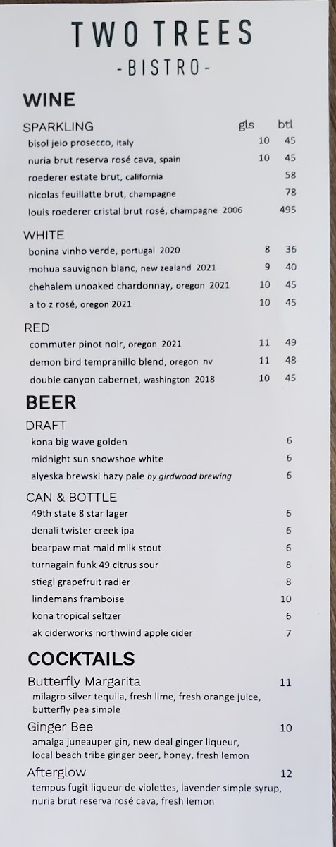 Two Trees Bistro menu board