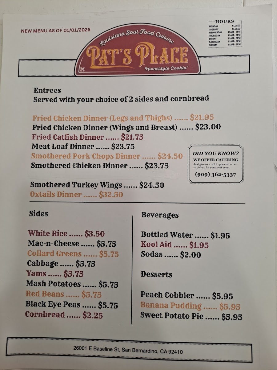 Pat’s Place Louisiana Soul Food Cuisine, Homestyle Cookin’ menu board