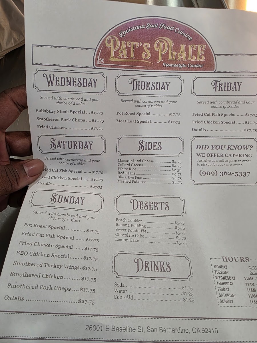 Pat’s Place Louisiana Soul Food Cuisine, Homestyle Cookin’ menu board