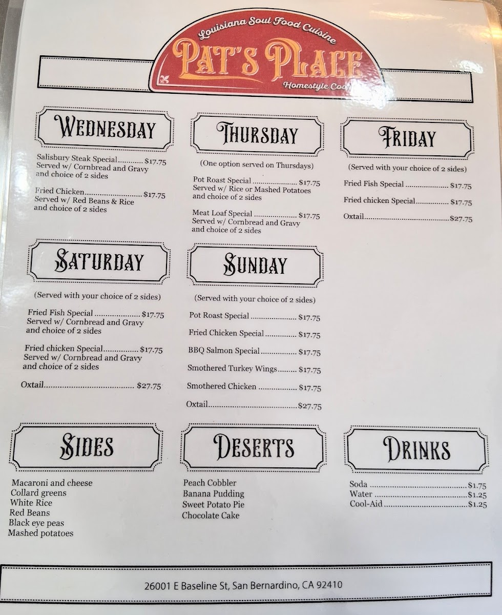 Pat’s Place Louisiana Soul Food Cuisine, Homestyle Cookin’ menu board