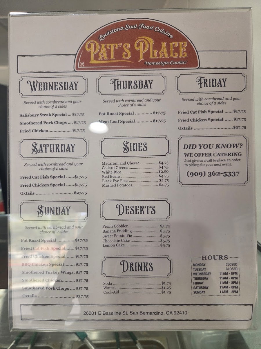 Pat’s Place Louisiana Soul Food Cuisine, Homestyle Cookin’ menu board