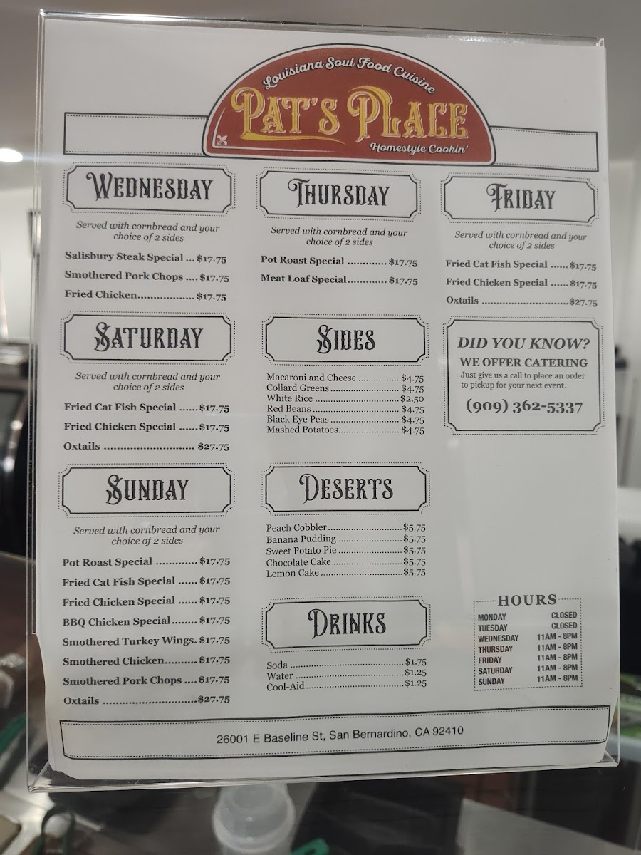 Pat’s Place Louisiana Soul Food Cuisine, Homestyle Cookin’ menu board