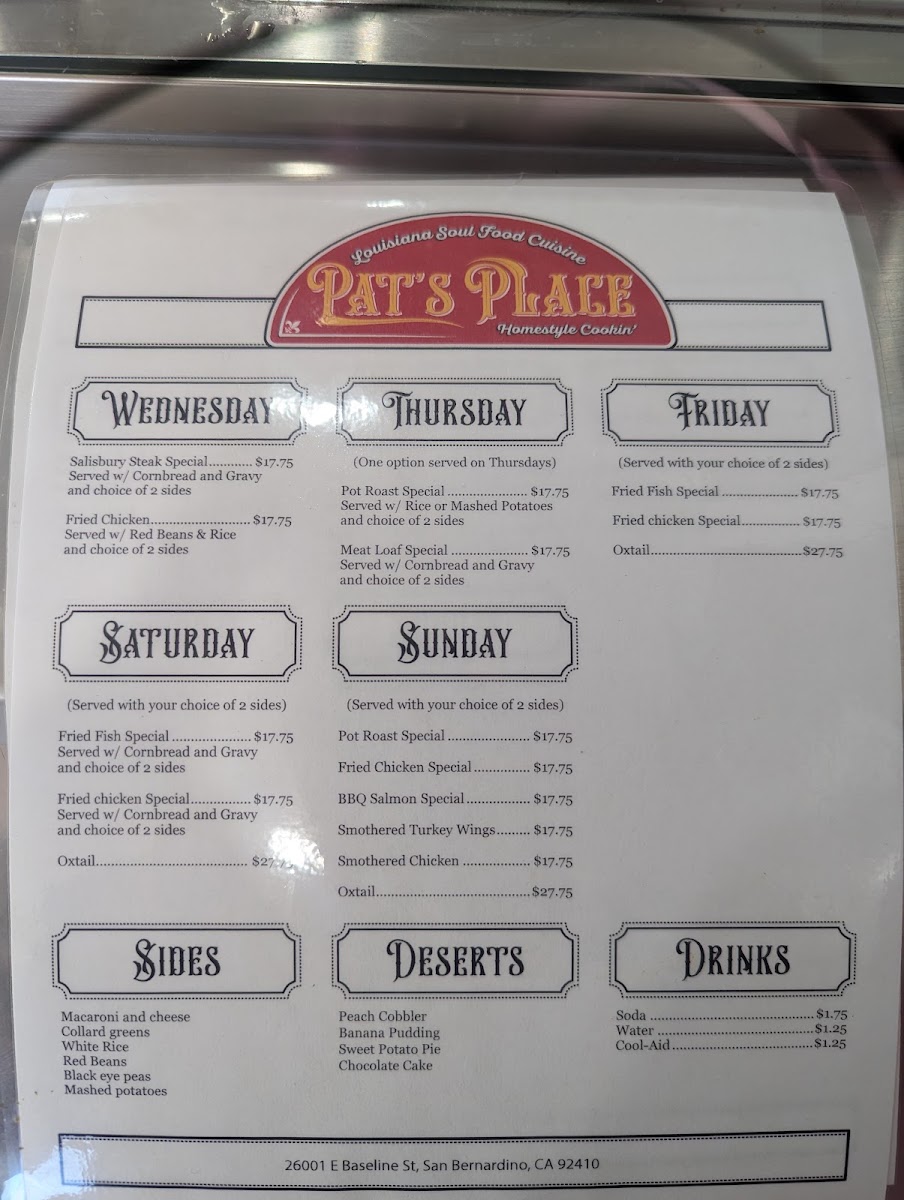 Pat’s Place Louisiana Soul Food Cuisine, Homestyle Cookin’ menu board