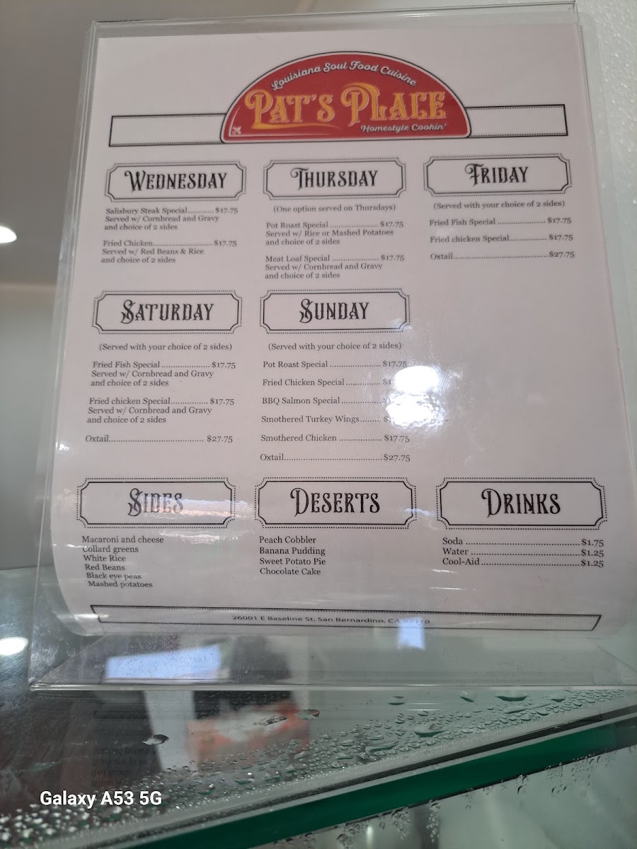 Pat’s Place Louisiana Soul Food Cuisine, Homestyle Cookin’ menu board