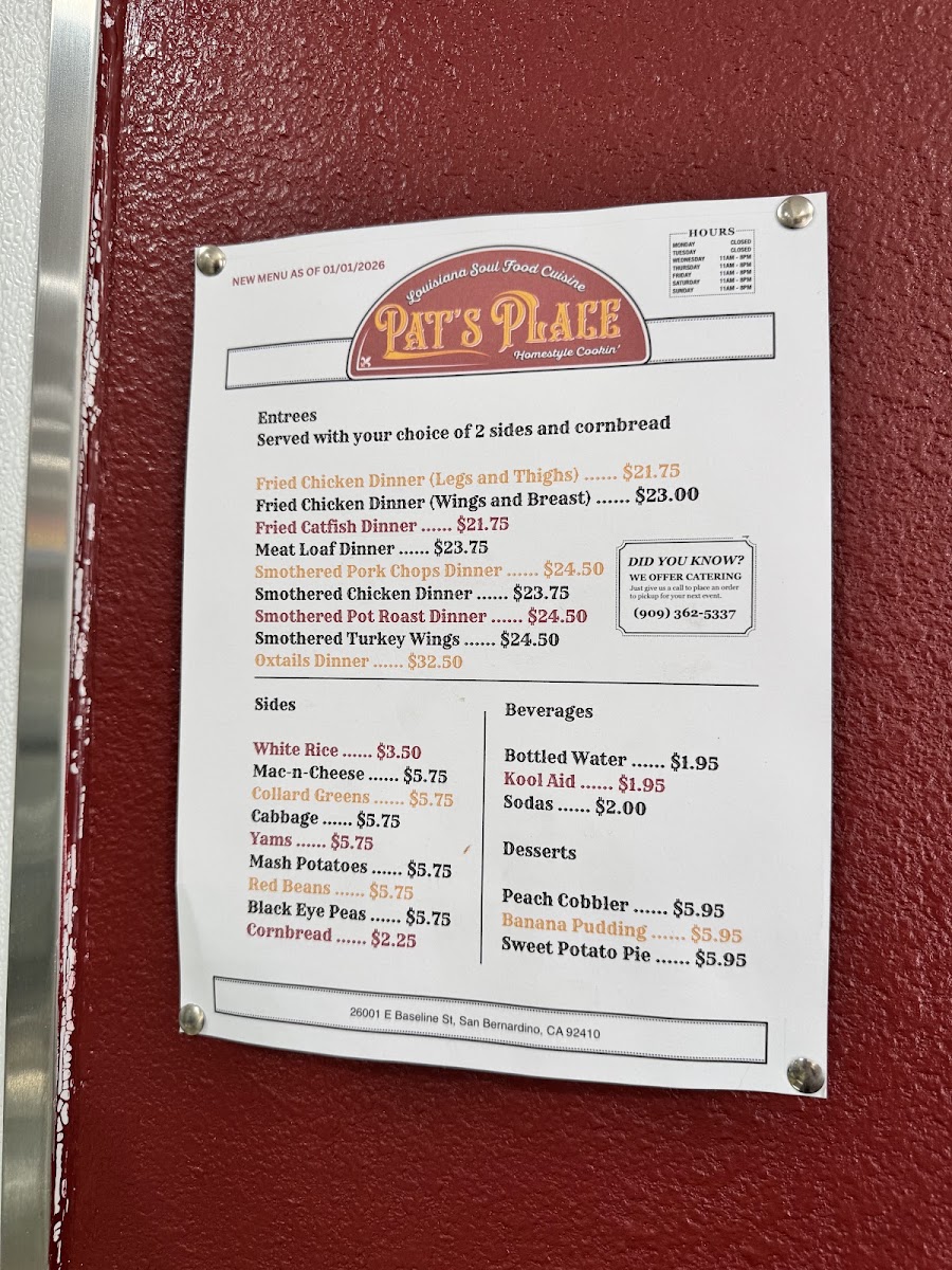 Pat’s Place Louisiana Soul Food Cuisine, Homestyle Cookin’ menu board