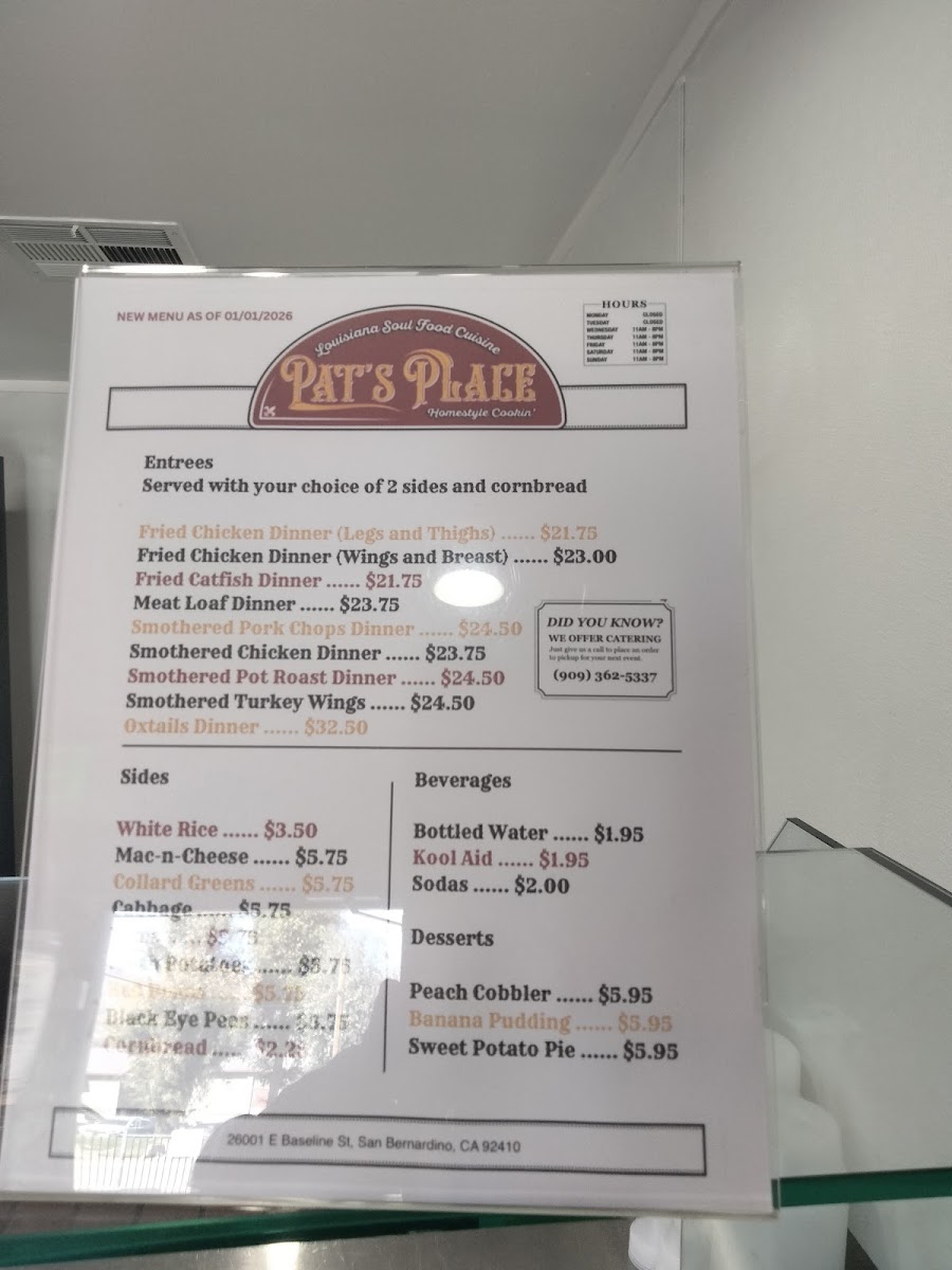 Pat’s Place Louisiana Soul Food Cuisine, Homestyle Cookin’ menu board