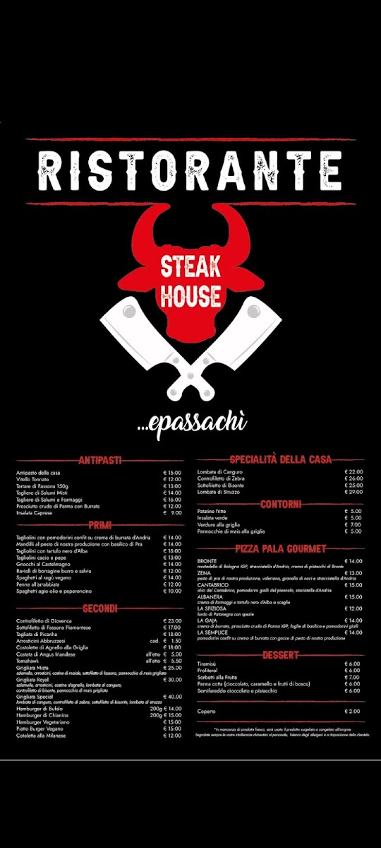 STEAKHOUSE EPASSACHI DOLCEACQUA menu board