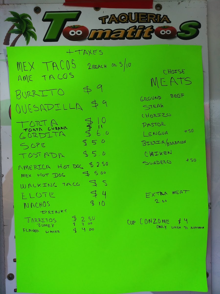 Taqueria Tomatitos food truck menu board