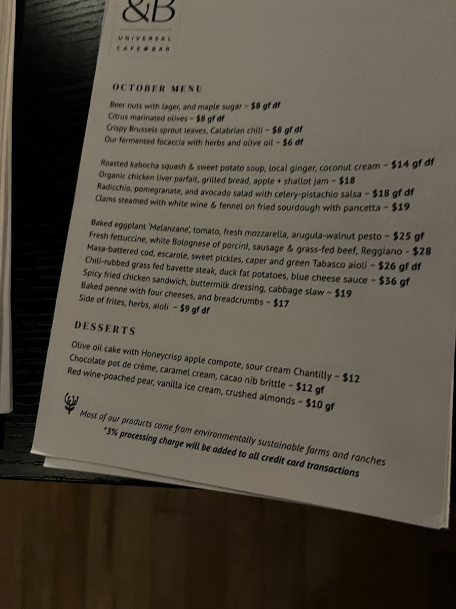 Universal Cafe & Bar menu board